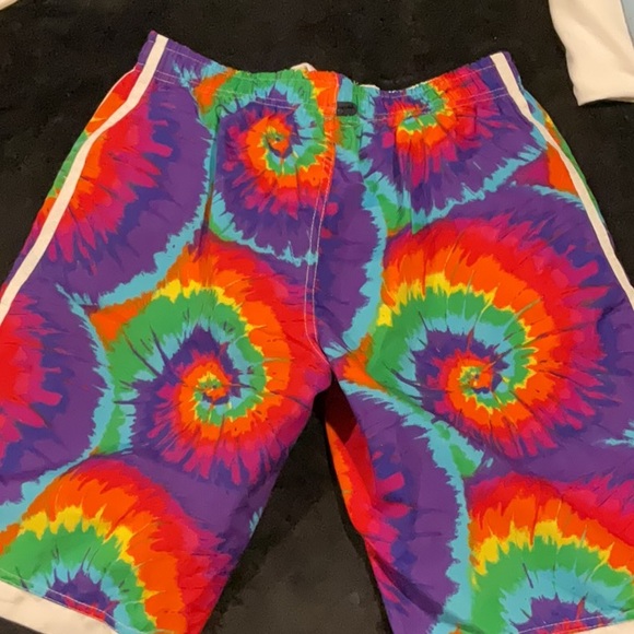 Other - Vibrant Red and Orange Swim Trunks with Tie-Dye Design